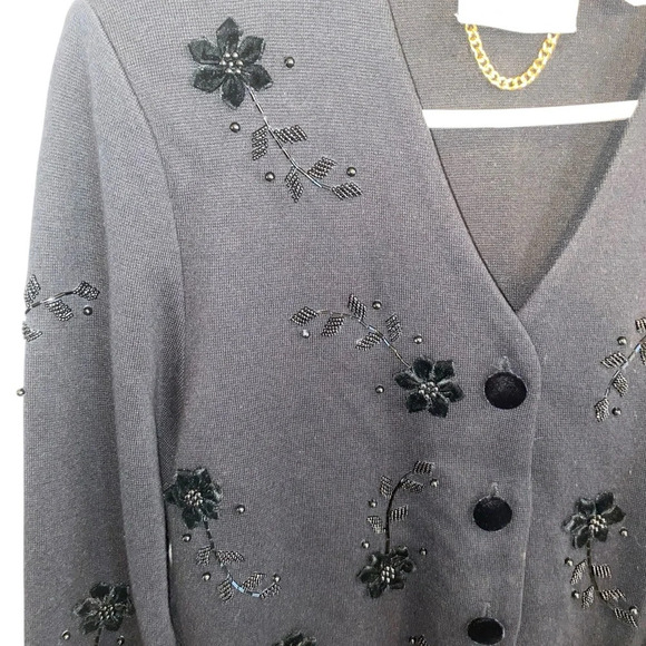 vintage Marissa Cristina knits black beaded floral cardigan holiday sweater - Picture 6 of 9